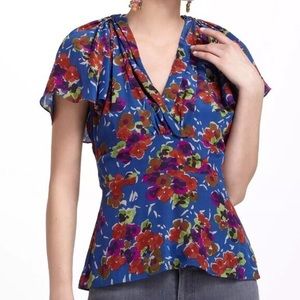 Anthropologie Floral Tie Back Fitted Blouse